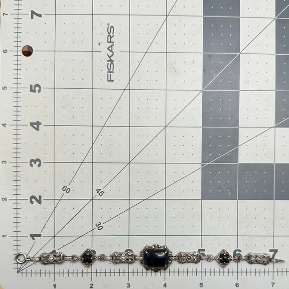 Antique Art Deco sterling silver genuine black onyx marcasite bracelet 7.25" - Picture 7 of 8